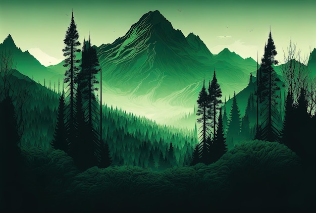 Un gradiente verde maturo con una foresta e montagne sullo sfondo