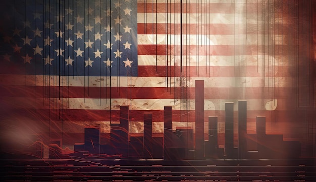 un grafico azionario con lo sfondo della bandiera degli Stati Uniti nello stile del marrone chiaro e del rosso