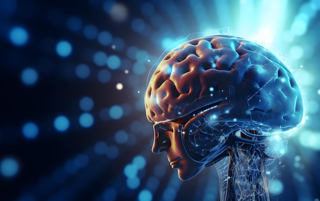 Un grafico blu e nero di una testa umana con il cervello evidenziato.