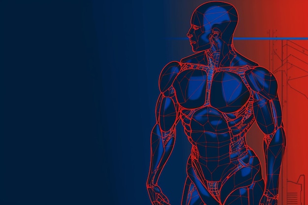 Un grafico blu e rosso di un uomo muscoloso con sopra la parola corpo
