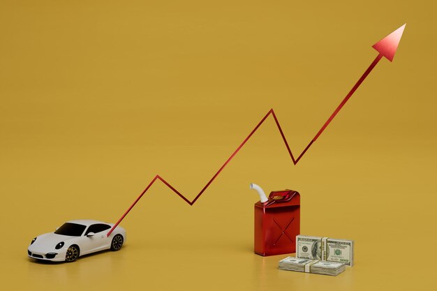 Un grafico dell'aumento dei prezzi del carburante per il rifornimento di una bomboletta di carburante per auto e denaro 3d rendering