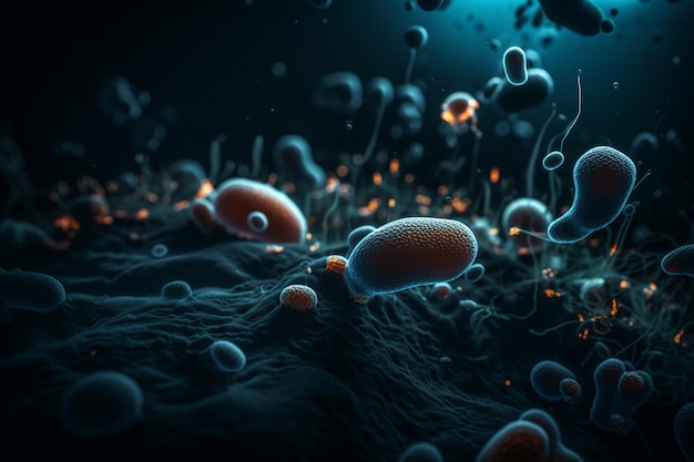Un grafico di batteri in una cella con uno sfondo blu.