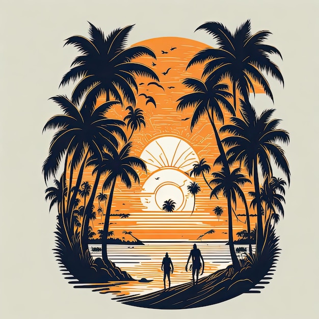 Un grafico di due persone che camminano sulla spiaggia con il sole sullo sfondo.