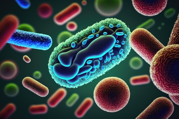 Un grafico di una cella con uno sfondo blu e verde che dice "batteri"