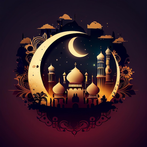 Un grafico di una moschea con una luna e stelle.