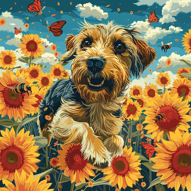 Un grafico vibrante di un cane che corre attraverso un campo di girasoli con api che ruggono e farfalle