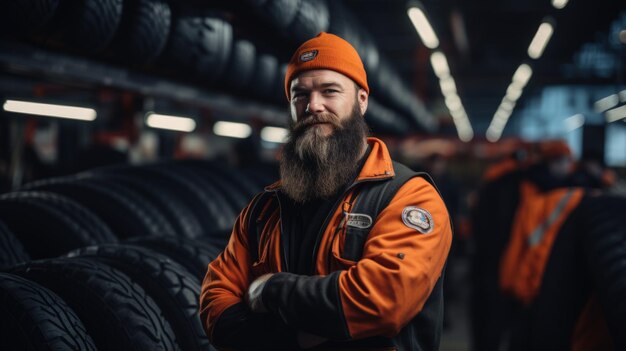 Un gran lavoratore esperto tiene in mano uno pneumatico e vuole cambiarlo in un gommista specializzato in pneumatici