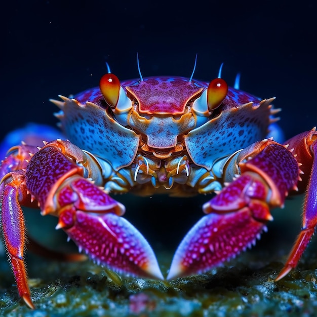 Un granchio colorato con la faccia blu e gli occhi rossi è seduto su una roccia.