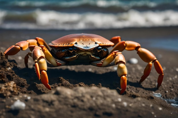 Un granchio è in piedi davanti a un buco vicino al mare