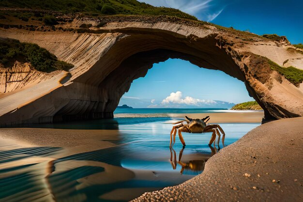 Un granchio è incorniciato da un arco naturale sulla spiaggia.