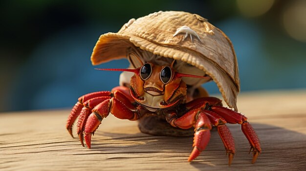 Un granchio eremita con un cappello pirata in miniatura sullo sfondo