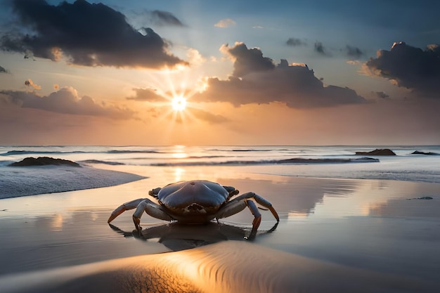 Un granchio sulla spiaggia al tramonto