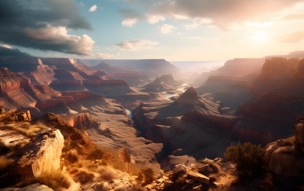 Un grand canyon con un tramonto sullo sfondo