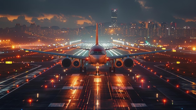 Un grande aereo a reazione vola di notte sopra la pista di atterraggio