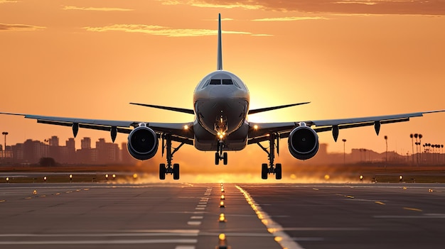 Un grande aereo di linea che decolla dalla pista dell'aeroporto al tramonto o all'alba con il carrello di atterraggio abbassato e il carrello di atterraggio abbassato mentre l'aereo sta per decollare AI generativa