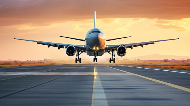 Un grande aereo di linea che decolla dalla pista dell'aeroporto al tramonto o all'alba con il carrello di atterraggio abbassato e il carrello di atterraggio abbassato mentre l'aereo sta per decollare AI generativa