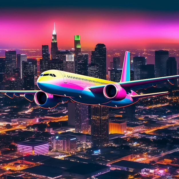 un grande aeroplano colorato al neon sopra uno splendido skyline della città