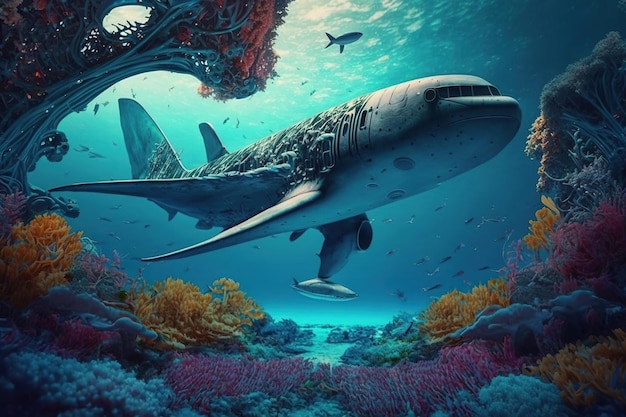 Un grande aeroplano o aereo sott'acqua ricoperto di alghe verdi