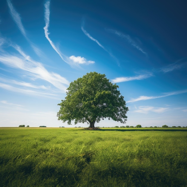 un grande albero al centro dell'erba intorno al cielo blu