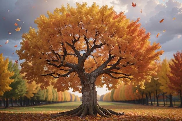 Un grande albero autunnale con foglie che cadono da esso e cielo nuvoloso