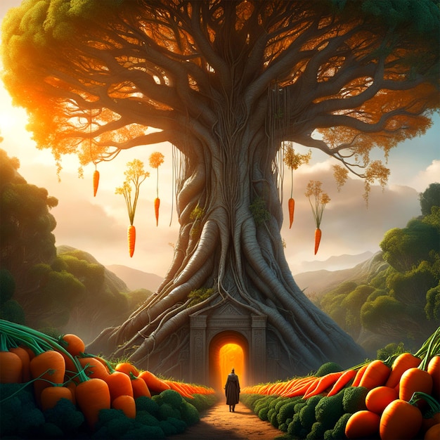 un grande albero che coltiva carote albero pieno di carote appese all'albero sf intricato capolavoro d'arte