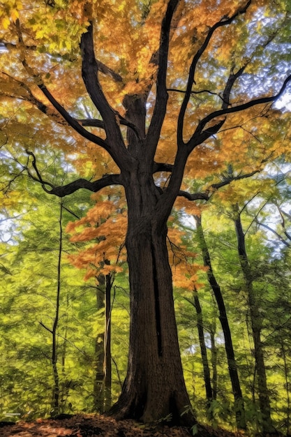 un grande albero con foglie gialle e verdi