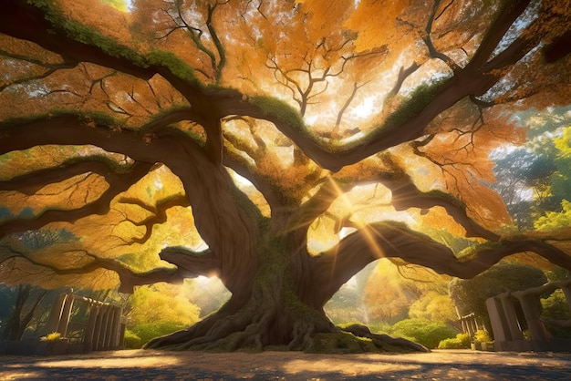 Un grande albero con il sole che splende attraverso di esso Immagine generativa AI