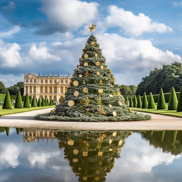 un grande albero di Natale si trova di fronte a un edificio con un grande albero verde al centro