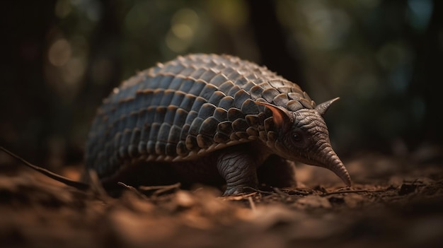 Un grande armadillo è visto in una foresta.