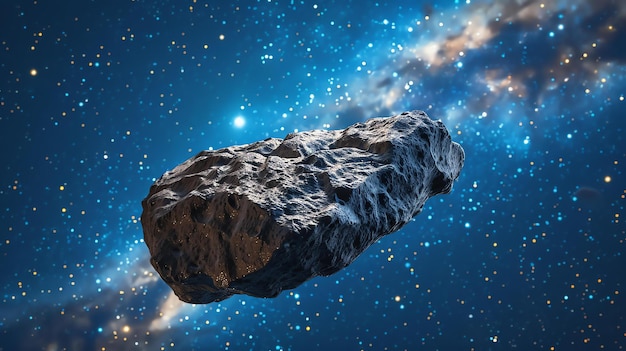 Un grande asteroide si precipita nello spazio è un oggetto roccioso scuro con una superficie ruvida l'asteroide è circondato da stelle e una nebulosa bluastra