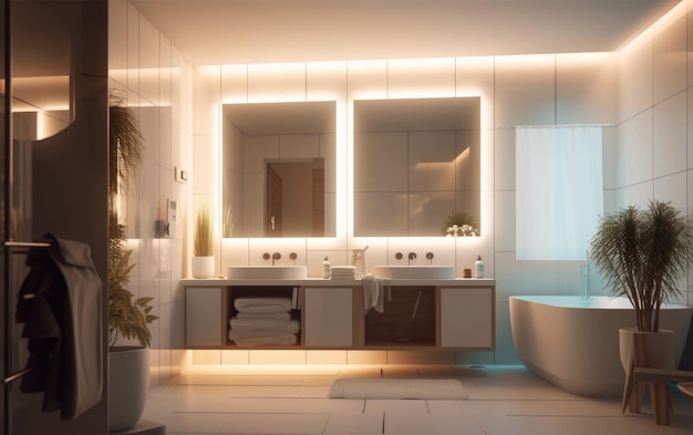 Un grande bagno moderno con uno specchio una vasca e con diverse piante