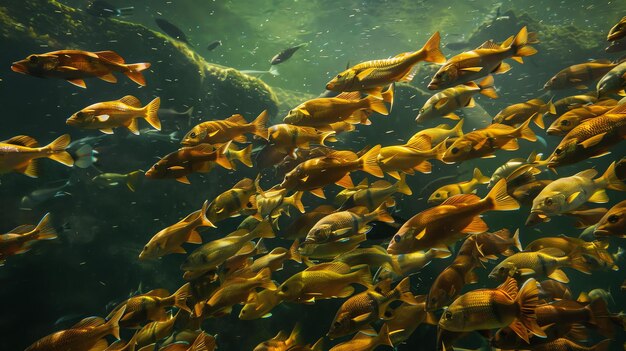 Un grande banco di pesci gialli nuota in un mare verde scuro i pesci nuotano tutti nella stessa direzione