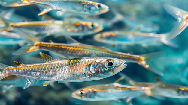 Un grande banco di piccoli pesci nuota in un oceano blu. I pesci sono per lo più argento con un po 'di giallo e hanno occhi neri.