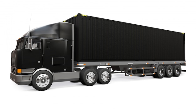 Un grande camion nero retrò con una parte per dormire e un'estensione aerodinamica trasporta un rimorchio con un container marittimo. Rendering 3d.