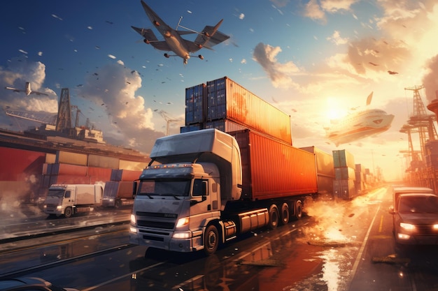 Un grande camion percorre una strada affollata circondato da altri veicoli Logistica dei trasporti AI Generato