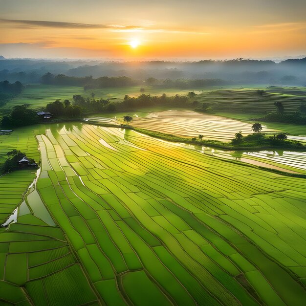 Un grande campo di riso al mattino