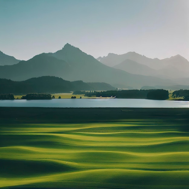 Un grande campo verde con un lago e montagne sullo sfondo