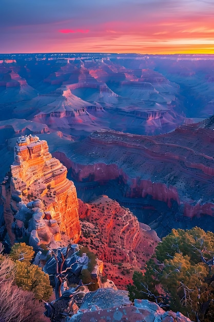 un grande canyon con alberi e una formazione rocciosa