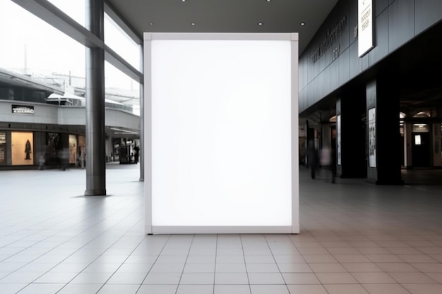 Un grande cartellone bianco in un centro commerciale