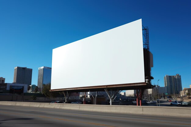 Un grande cartellone bianco su un'autostrada con lo skyline della città sullo sfondo.