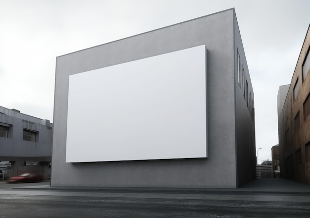 Un grande cartellone bianco su un edificio grigio con uno sfondo di cielo