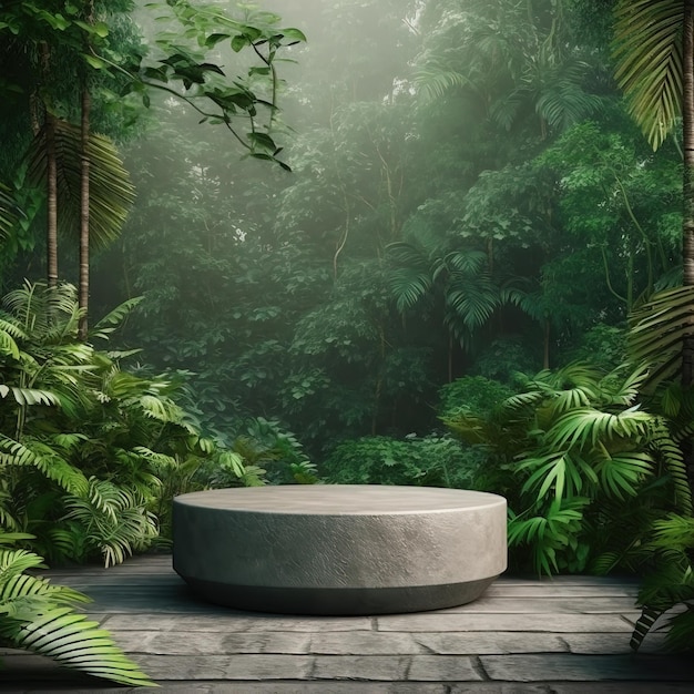 Un grande cerchio di cemento si trova in una giungla con uno sfondo di giungla.