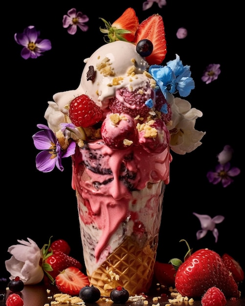 Un grande cono gelato con un fiore rosa in cima.