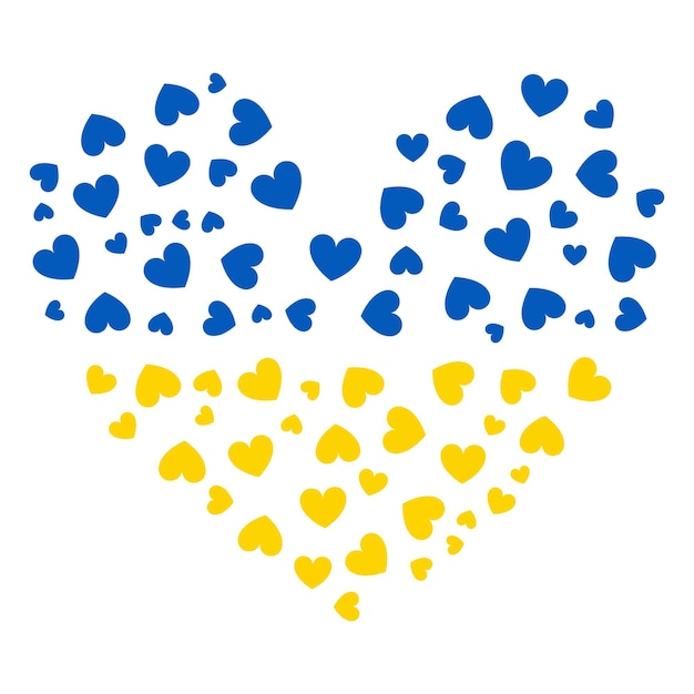 Un grande cuore con i colori della bandiera ucraina pieno di cuori di diverse dimensioni. Solidarietà.