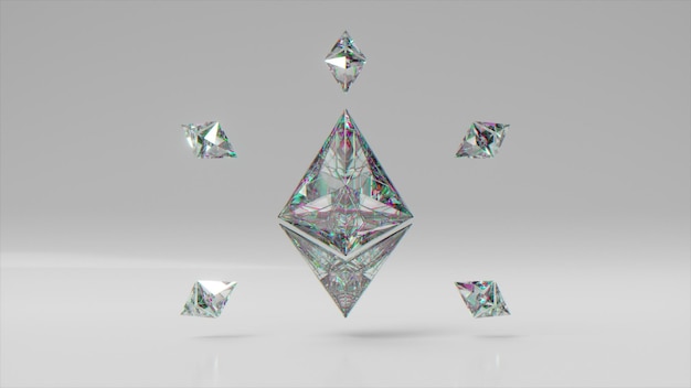 Un grande diamante Ethereum circondato da un piccolo logo Ethereums Illustrazione 3d della criptovaluta