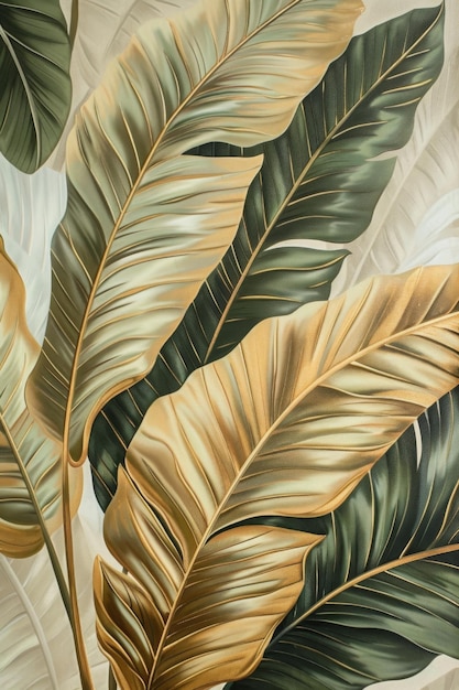 un grande dipinto di foglie tropicali su uno sfondo beige nello stile del verde chiaro e del grigio