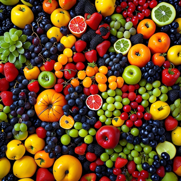 Un grande display di frutta tra cui una varietà di frutta.