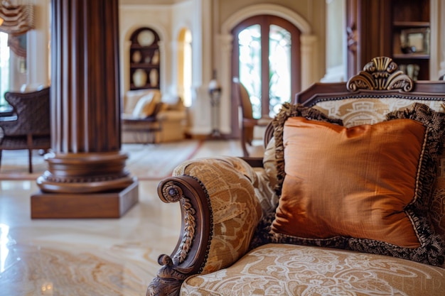 Un grande divano ornato con un cuscino su di esso si trova in una stanza con un sacco di mobili