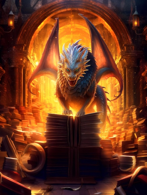 Un grande drago fantasy spaventoso legge un libro magico IA generativa