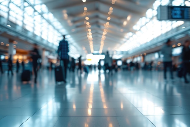 Un grande e spazioso aeroporto ha sfocato le persone in movimento.